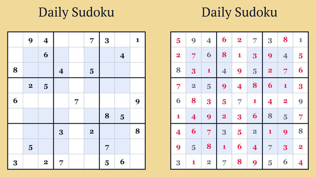 Daily sudoku puzzle worksheet with completed answer grid