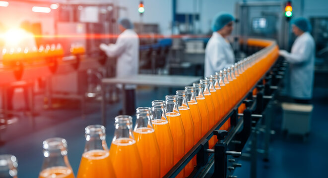 Beverage Factory Production Line with Orange Juice Bottles