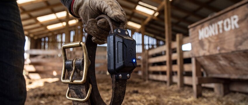 Smart livestock GPS tracking collar held by farm worker in barn, innovative agriculture technology for cow herd monitoring, animal telemetry electronic sensor, smart farming IoT wireless device.