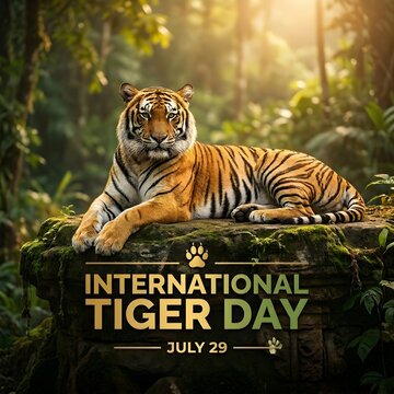Tiger lying on rock in forest on international tiger day