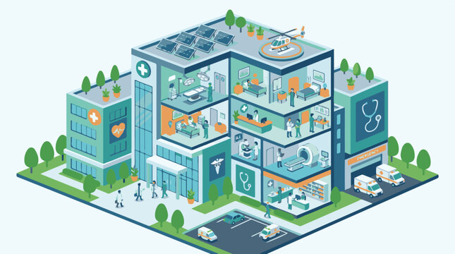 Isometric cutaway of a modern hospital with solar panels and helipad