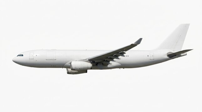 Large white cargo airplane flying in clear sky view isolated on white background profile.