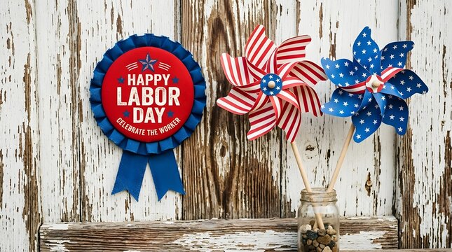 Labor day celebration patriotic ribbon pinwheels and festive americana decor