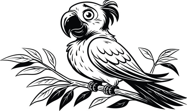 Parrot icon vector black and white cartoon bird illustration