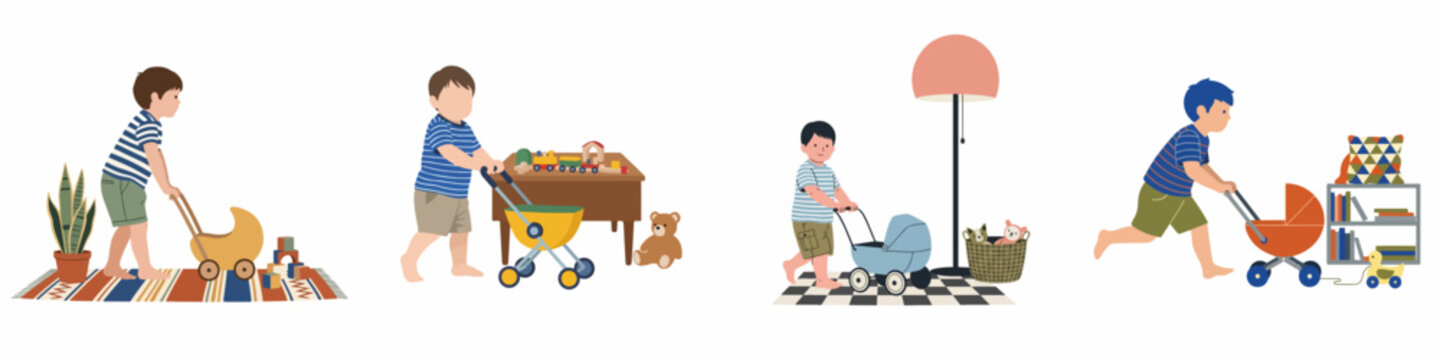 Illustrations of young boys playing with toy strollers and prams in various domestic settings, showcasing childhood play and imagination.