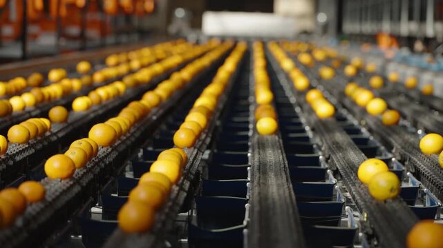 Rows of fresh orange fruit travel along narrow belt lanes in a South African export factory.