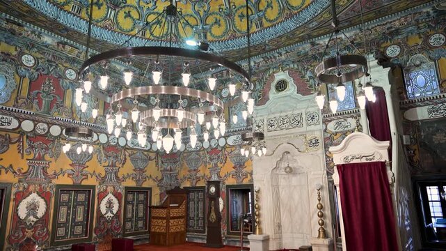 Painted Mosque interior showing mihrab, minbar and dome in Tetovo, Macedonia