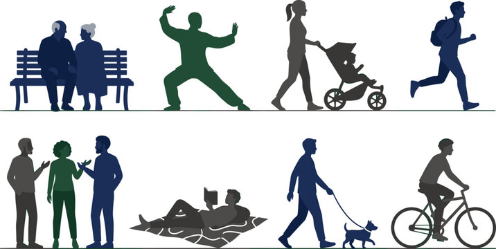 People Lifestyle Silhouette Collection Featuring Walking Cycling Jogging Dog Walking Tai Chi Family Picnic Conversation and Senior Outdoor Activities Vector Set