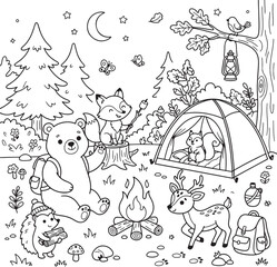 Naklejka premium Forest Camping Adventure with Animals in Whimsical Black and White Line Art Illustration