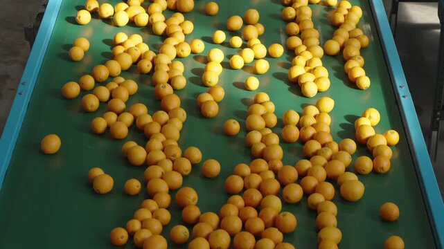 Loose yellow oranges spread across a teal belt move steadily along a postharvest sorting conveyor under bright indoor light.