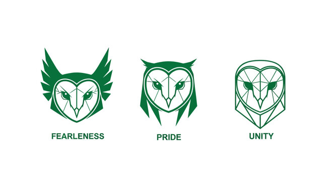 Three Green Owl Logos Representing Values and Virtues.