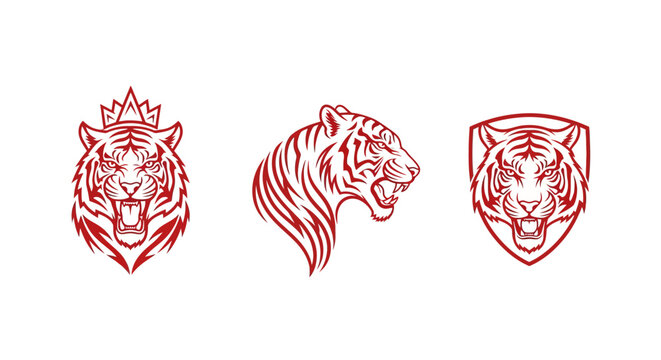 Three stylized red tiger head logos with crown and shield.