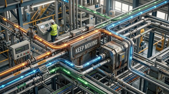 Isometric view of a complex industrial piping system in a factory with illuminated flow indicators in blue, orange, and green colors and a sign reading KEEP MOVING on a central machine unit.