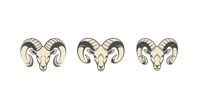 Three distinct ram head illustrations with curved horns.