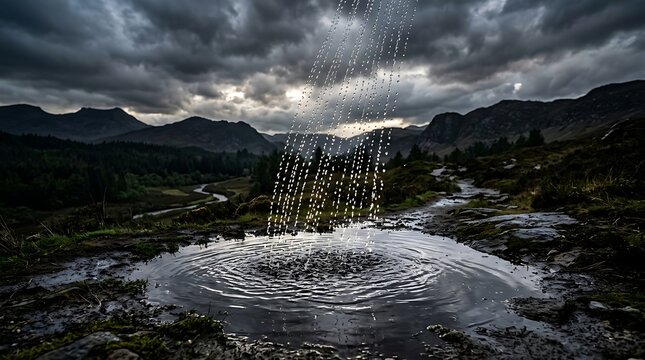 Water drops falling into a puddle in a moody mountain landscape
