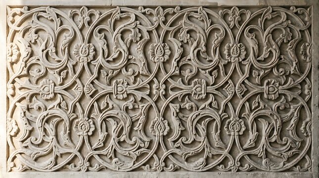 Intricate floral stone relief carving with arabesque pattern