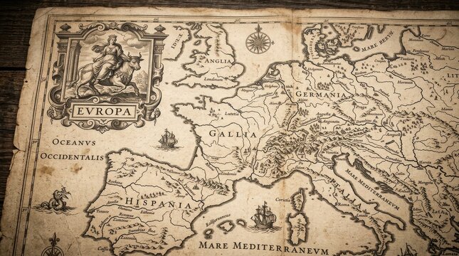 Antique map of europe with latin labels, featuring mythological of europa and bull