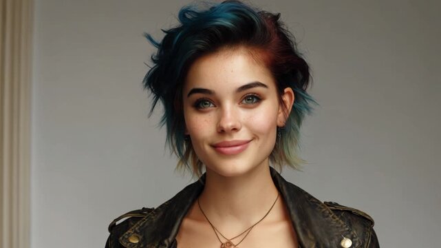 Young slavic woman with short blue hair wearing black leather jacket in stylish profile portrait Concept of individuality
