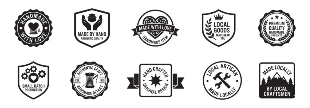 Handmade badges icon set. Made with love, local artisan craft, premium quality products, hand crafted design labels and stamps. Vector illustration.
