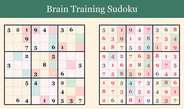 Brain training sudoku worksheet with colorful solution grid