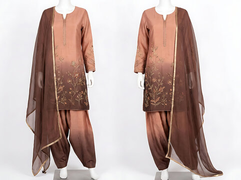 Burnt Orange and Dark Brown Ombre Embroidered Pakistani Patiala Salwar Suit Set for Festive Celebrations Traditional Ethnic Formal Wear
