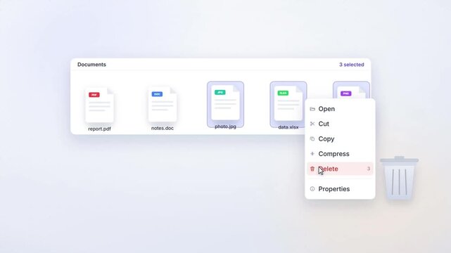 Computer user interface animation showing selecting and deleting digital files into trash bin