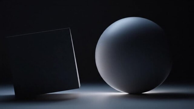 Abstract sphere with glowing slit and geometric cube in dark space