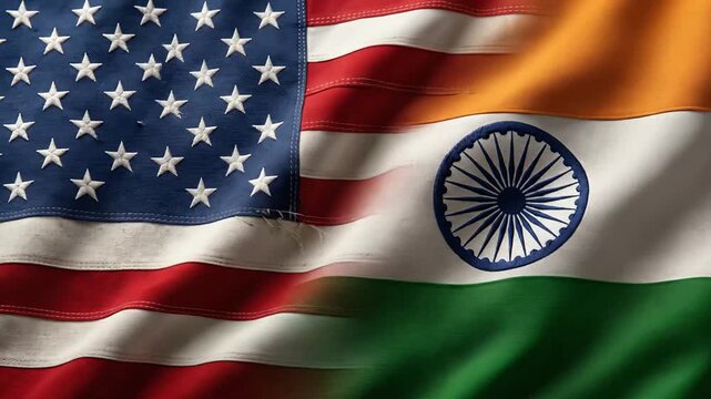 Multiple American and Indian flags waving with vibrant colors and dynamic movement in a cinematic sequence