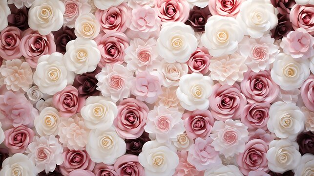 Elegant paper roses wall background in shades of blush pink white and cream.