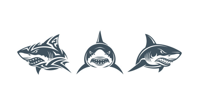 Three stylized shark illustrations with intricate details.