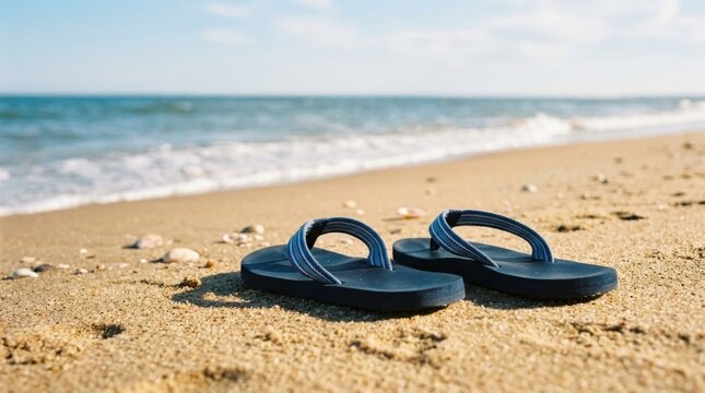 Black flip flops on a sandy beach by the ocean on a sunny day