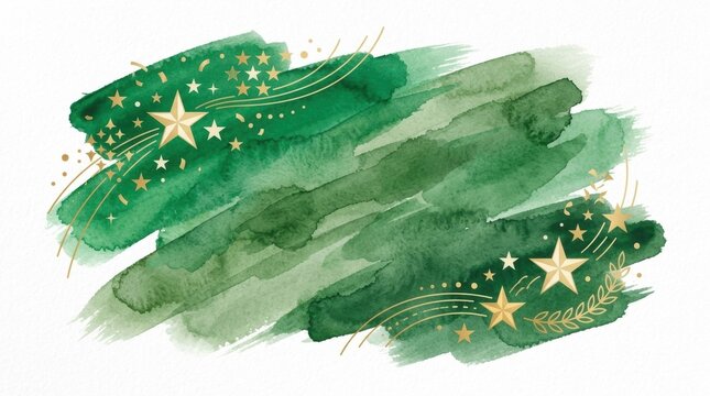 Green watercolor brush strokes with gold stars and leaves illustration