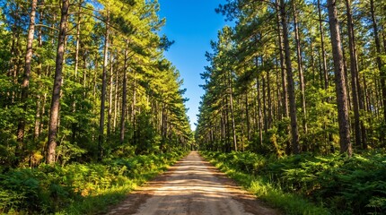 Fototapeta premium Straight Pine Forest Road Under a Clear Blue Sky