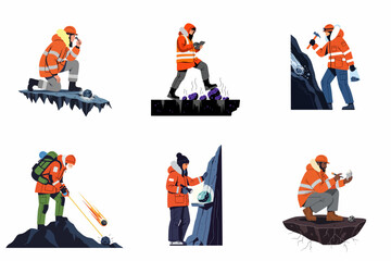 A series of illustrations depicting scientists and explorers in arctic gear examining meteorites and minerals in a cold, snowy environment. © Jayadi