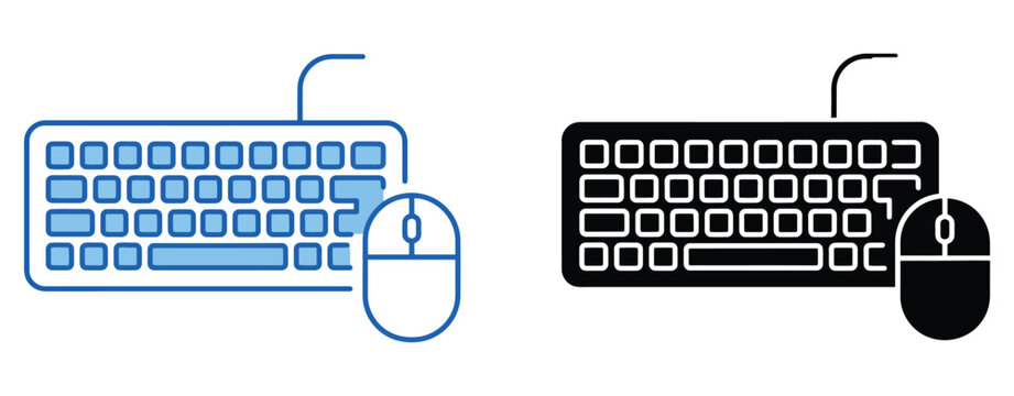 Computer keyboard and mouse peripheral icons vector set for software application interfaces representing input devices and digital workstation controls