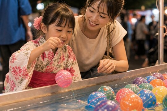 夏祭りでヨーヨー釣りをする親子