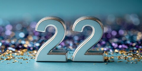 Fototapeta premium Shiny Metallic Silver Number 22 Standing Amidst Vibrant Purple and Blue Festive Confetti Sprinkles