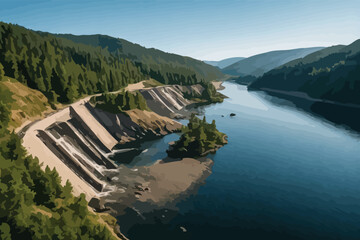 Aerial view of winding river next to mountain road through coniferous forest landscape. © Times Graphic