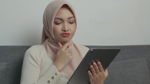 Confused young Asian woman wearing hijab is thinking hard while holding tab gadget, finding idea.