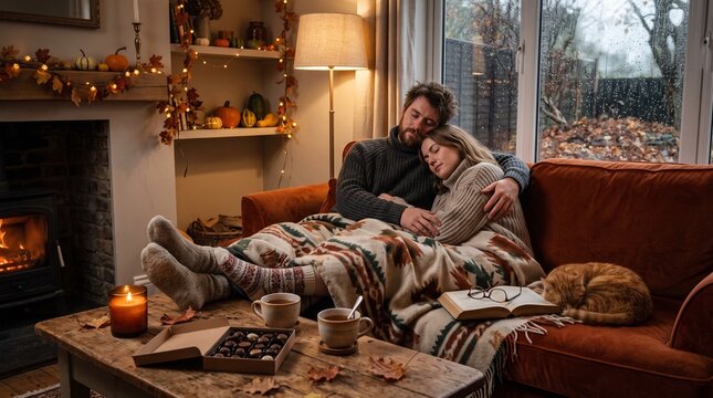 couple resting at home. domestic winter comfort at home. couple resting on the sofa. home during fall season. autumn at home. home hygge comfort. autumn room decor. autumn living room