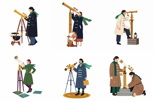 Set of vintage-style illustrations featuring women astronomers observing the cosmos with antique telescopes, star maps, and navigational tools.