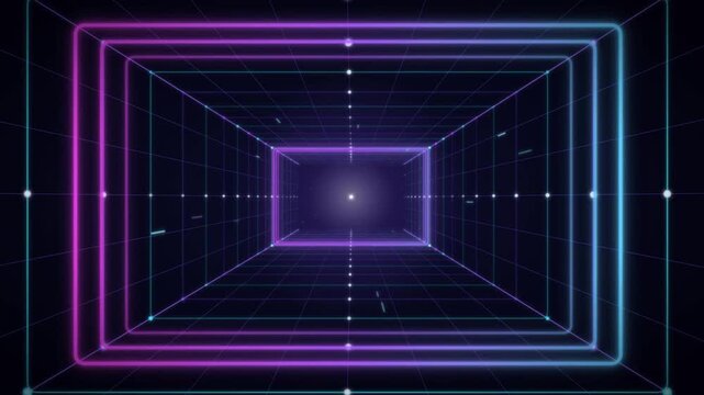 Flying through abstract neon wireframe grid tunnel with glowing purple and blue lights