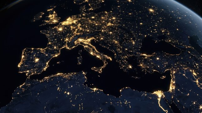 Satellite view of europe and north africa at night, illuminated by city lights from space