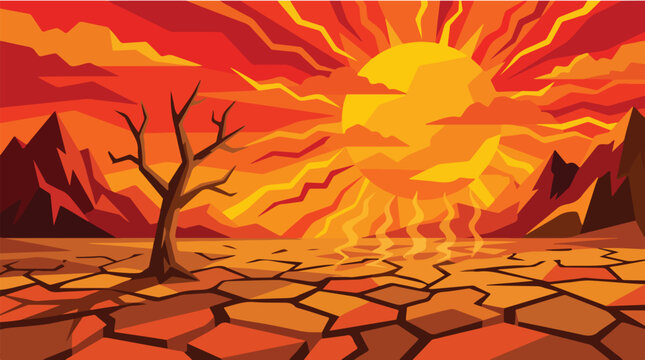 Severe global warming and desertification vector illustration. Intense heatwave climate crisis with blazing sun over cracked ground. Dry arid landscape with dead silhouette tree.
