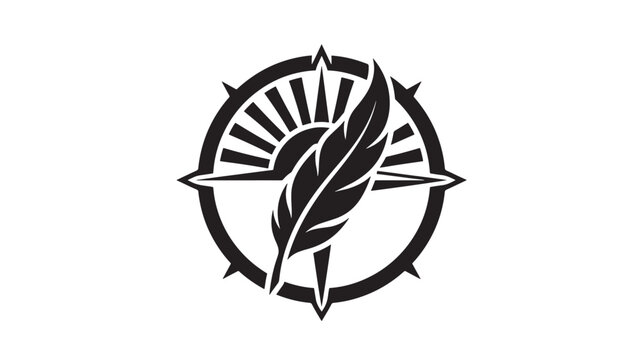 Feather Compass Logo with Black and White Ink Style for Direction, Guidance, Navigation Branding Concept