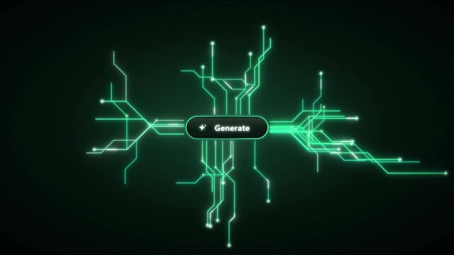 Clicking a digital generate button with green glowing artificial intelligence circuit board lines