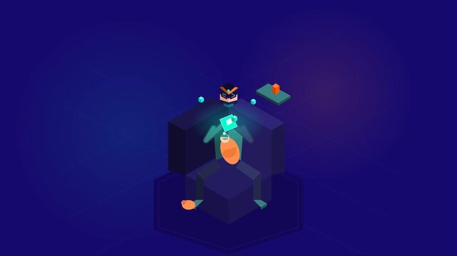 Futuristic digital character analyzing glowing data cubes in dark space