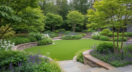 Fototapeta premium Lush landscaped garden with green lawn, stone walls, and colorful flowers.