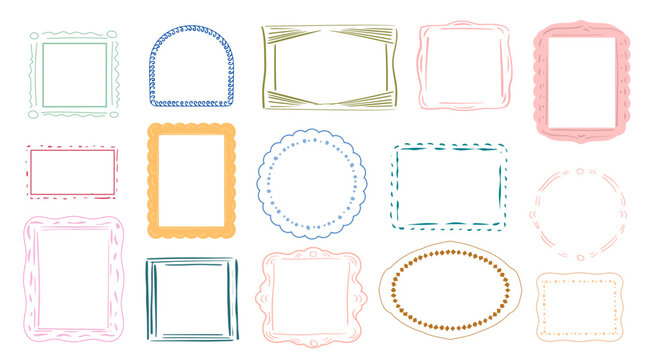 Set of hand drawn kid photo frame. Postage scallop edge collection. Vector postal stamp on different form. Template design for text or illustrations.