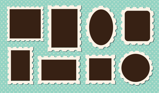 Set retro kid photo frame with postage borders. Rectangle, oval, square, round frames. Template design for text or illustrations. Insert your picture.